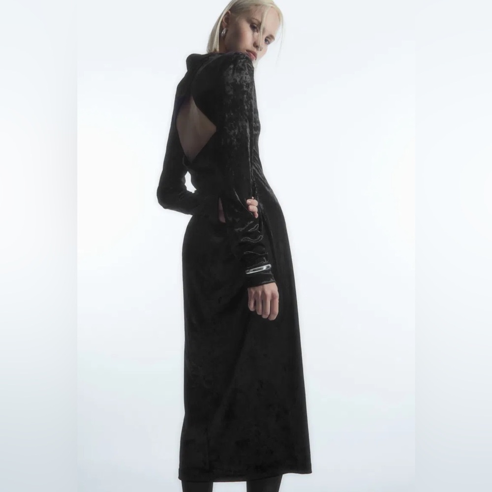 COS Open Back Velvet Midi Dress Black Small